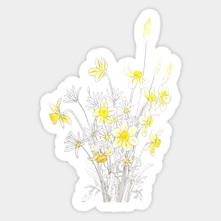 white daisy and yellow daffodils ink and watercolor Sticker